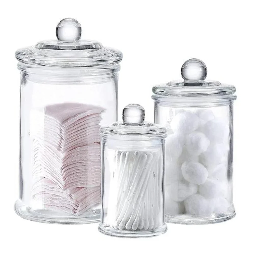 Set of 3 Bathroom Canisters - Container Jars - Glass Apothecary Jars with Lids